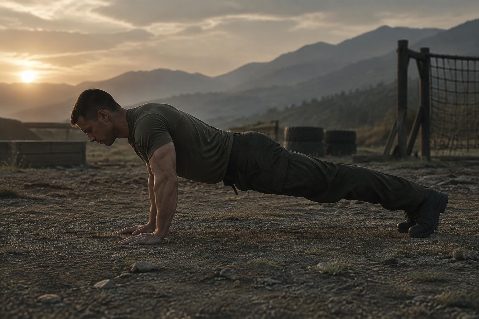 Escena generada de un soldado haciendo flexiones durante su entrenamiento al amanecer