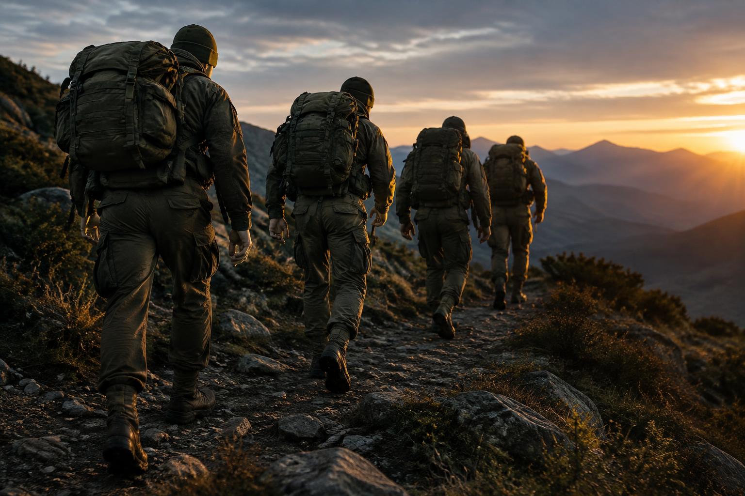 Escena generada de soldados en marcha con mochilas ruck al amanecer